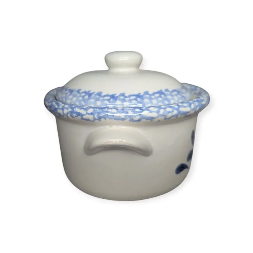 Vintage Corelle Stoneware Blue Hearts Ceramic Onion Soup Crock w/Handmade Candle